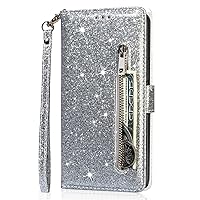 XYX Wallet Case for Google Pixel 8 Pro, Luxury Glitter Zipper Purse PU Leather Flip Phone Cover with Wrist Strap Stand Protective Case, Silver