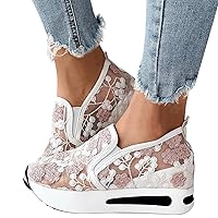 Wedge Floral Walking Shoes Embroidery Floral Mesh Lace Chunky Sneakers Slip On Arch Support Shoes Fashion Sneakers