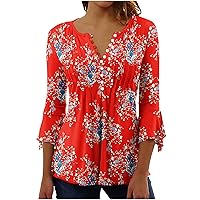 Women's V Neck Button Tunic Tops Summer 3/4 Bell Sleeve Fashion T-Shirts Casual Loose Boho Flower Blouses for Leggings