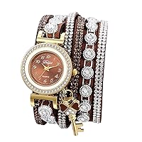 JewelryWe Women's Bohemian Retro Rhinestone Glitter Analogue Quartz Casual Watch with Braided Leather Strap Wrap Bracelet and Clover Key Pendant