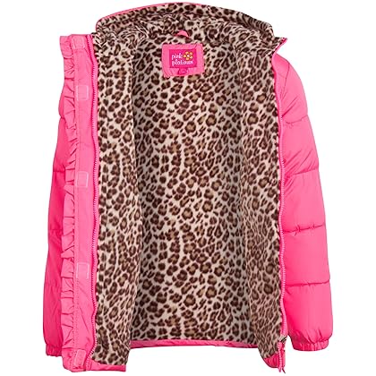 Pink Platinum Girl's Winter Coat - Cheetah Fleece Lined Quilted Puffer Jacket (Size: 4-16)