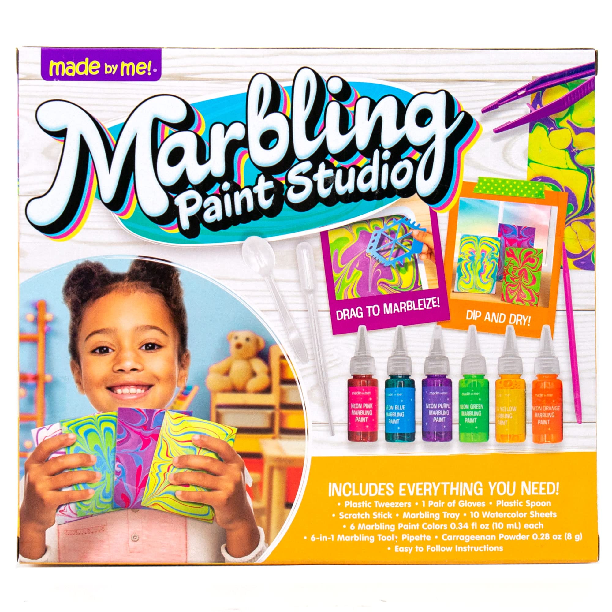 Made By Me Marbling Paint Studio, 25-Piece Marbling Kit for Kids, Make 10 Pour Paint Art Projects, Dip & Paint Marbling Arts & Crafts Kits for Kids, Less Mess Pour Paint for Ages 6, 7, 8 & 9, Fun Gift