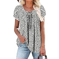 BETTE BOUTIK Womens Summer Tops Pleated Crewneck Corded Short Sleeve Tunic Shirts Tops Blouses