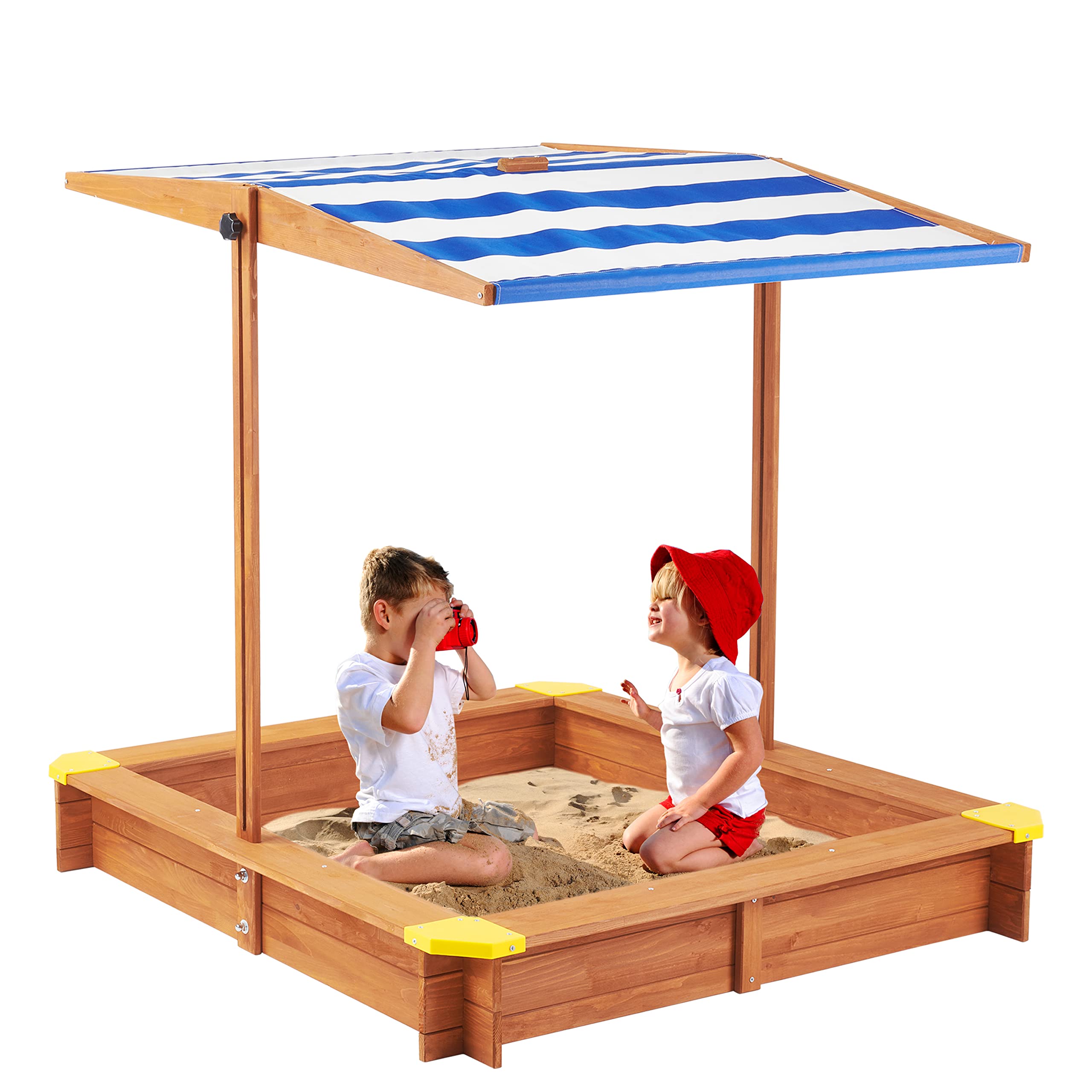 Kid's Sandbox with Cover, 46''x46'' Outdoor Wooden Sandpit w/Adjustable Canopy for Backyard Play