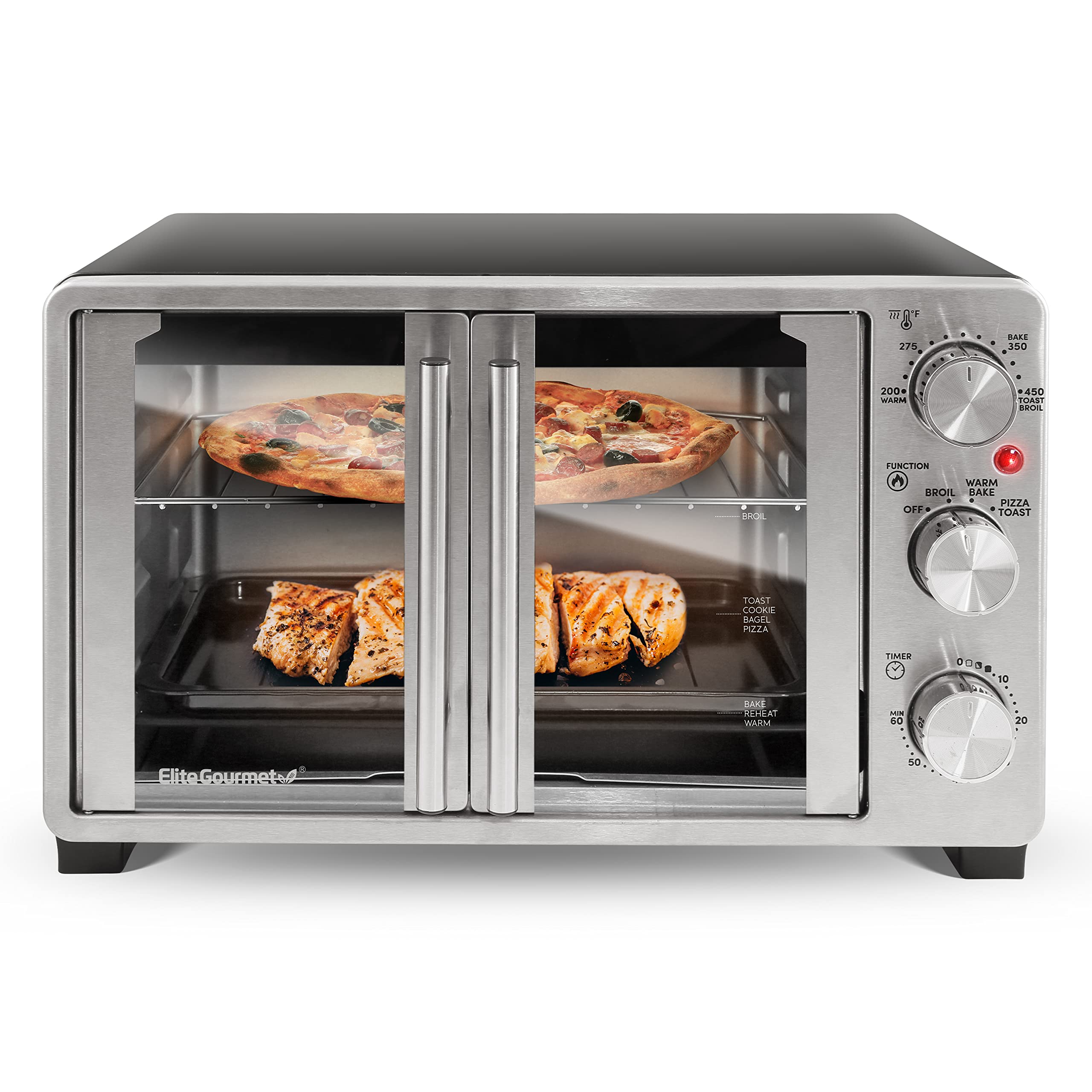 Elite Gourmet ETO2530M Double French Door Countertop Toaster Oven, Bake, Broil, Toast, Keep Warm, Fits 12