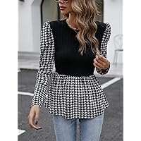 Women's Tops Sexy Tops for Women Women's Shirts Houndstooth Print 2 in 1 Peplum Top (Color : Black and White, Size : Large)