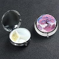 Sakura Tree Pill Box Small Metal Pill Case for Purse & Pocket 3 Compartment Pill Organizer with Mirror Travel Pillbox Medicine Case Portable Pill Container Unique Gift