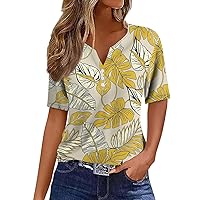 Womens Floral Print Tops 2024 Summer Trendy V Neck Short Sleeve Boho Henley T Shirts Work Vacation Casual Tunic Tops