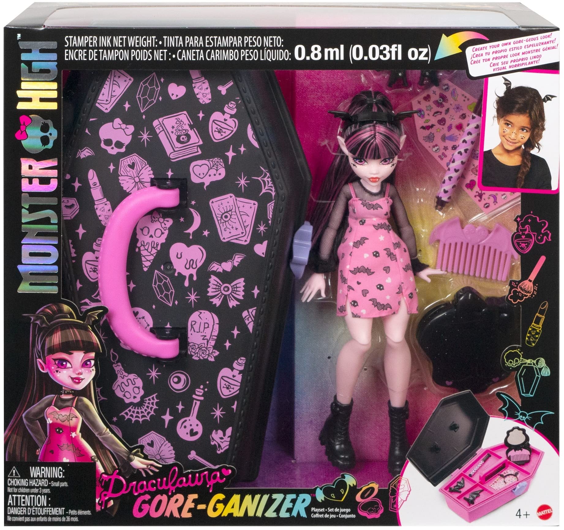 Monster High Doll & Accessories, Draculaura Gore-Ganizer Beauty Kit with Bat Clips, Comb & Mirror, Customizable with Stamp Pen & Stickers