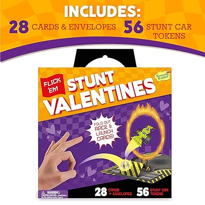 Peaceable Kingdom Flick ‘Em Stunt Car Sticker Valentines for Kids, 28 Card Pack with Enveloped - Great for School Classroom Parties - Boys & Girls Ages 4+