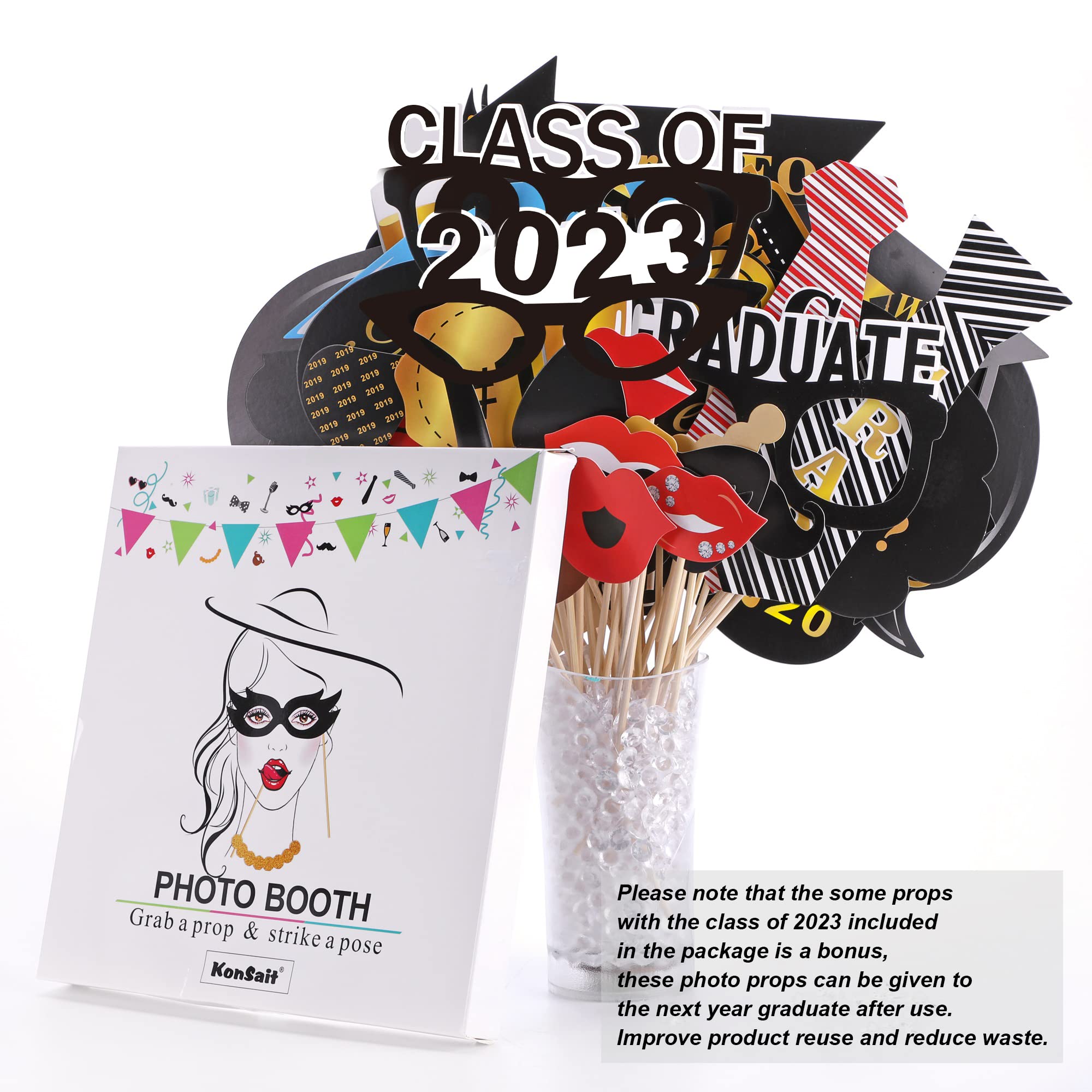 Graduation Photo Booth Props (50Count), Konsait Large Graduation Photo Props Class of 2023 Grad Decor with Sticks for Kids Boy Girl, Black and Gold, for Graduation Party Favors Supplies Decorations