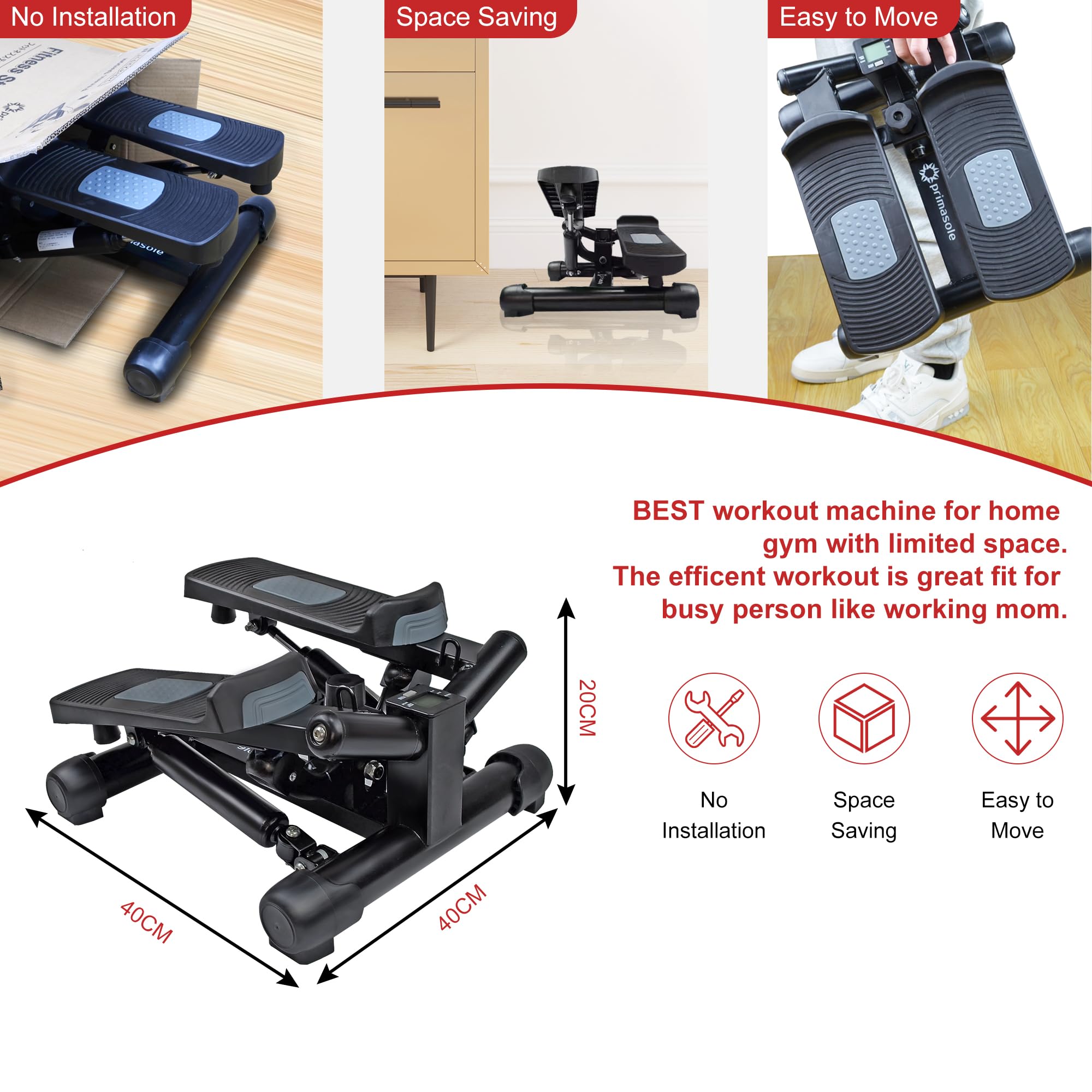 Primasole Exercise Stepper with Resistance Bands & Digital Monitor Stair Eexercise, Fitness and Workout at Home Black 300 Loading Capacity