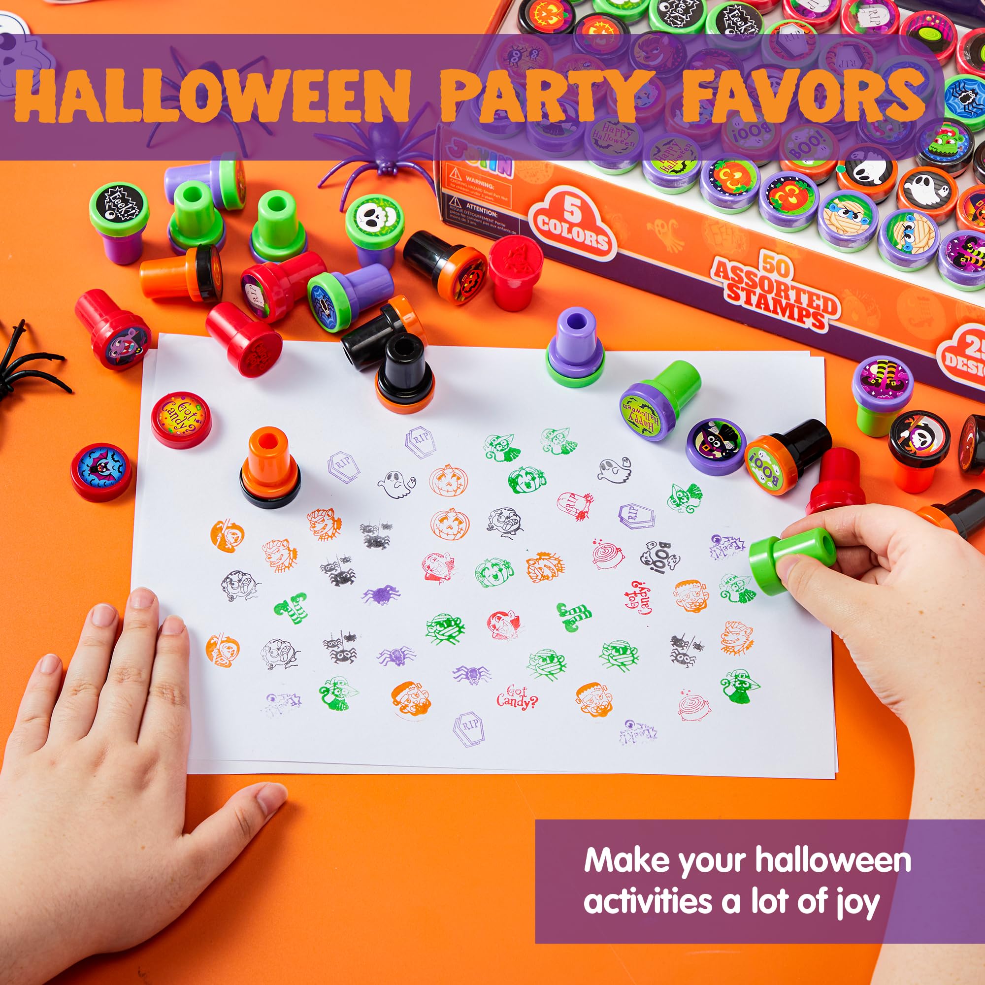 JOYIN 50 Pieces Halloween Assorted Stamps Kids Self Ink Stamps, 25 Designs Plastic Stamps, Trick Or Treat Stamps, Spooky Stamps for Halloween Party Gifts, Game Prizes, Halloween Goodies Bags