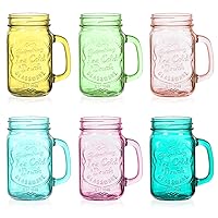 Colored Mason Jar 16 OZ Drinking Jars with Comfortable Handle for Party Beverages Materials and Easy to Clean in the Dishwasher 6 Pack