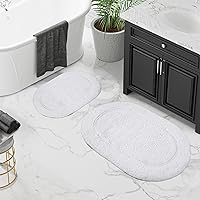 Superior Non-Slip 2 Piece Bath Rug Set, Ultra Plush, Soft and Absorbent 100% Combed Cotton Pile - Traditional Oval Bath Mat Set, White