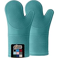 Gorilla Grip Heat and Slip Resistant Silicone Oven Mitts Set, 14.5 in, Soft Cotton Lining, Waterproof, BPA-Free, Extra Long Thick Gloves for Cooking, Kitchen Mitt Potholders, Turquoise