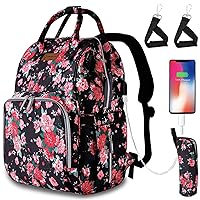 Floral Diaper Bag Backpack with USB Charging Port Stroller Straps and Insulated Pocket, Travel Bag Nappy Backpack For Women/Mum (Red Flower Pattern)