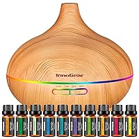 InnoGear Aromatherapy Diffuser & 10 Essential Oils Set, 400ml Diffuser Ultrasonic Diffuser Cool Mist Humidifier with 4 Timers 7 Colors Light Waterless Auto Off for Large Room Office, Yellow Wood Grain