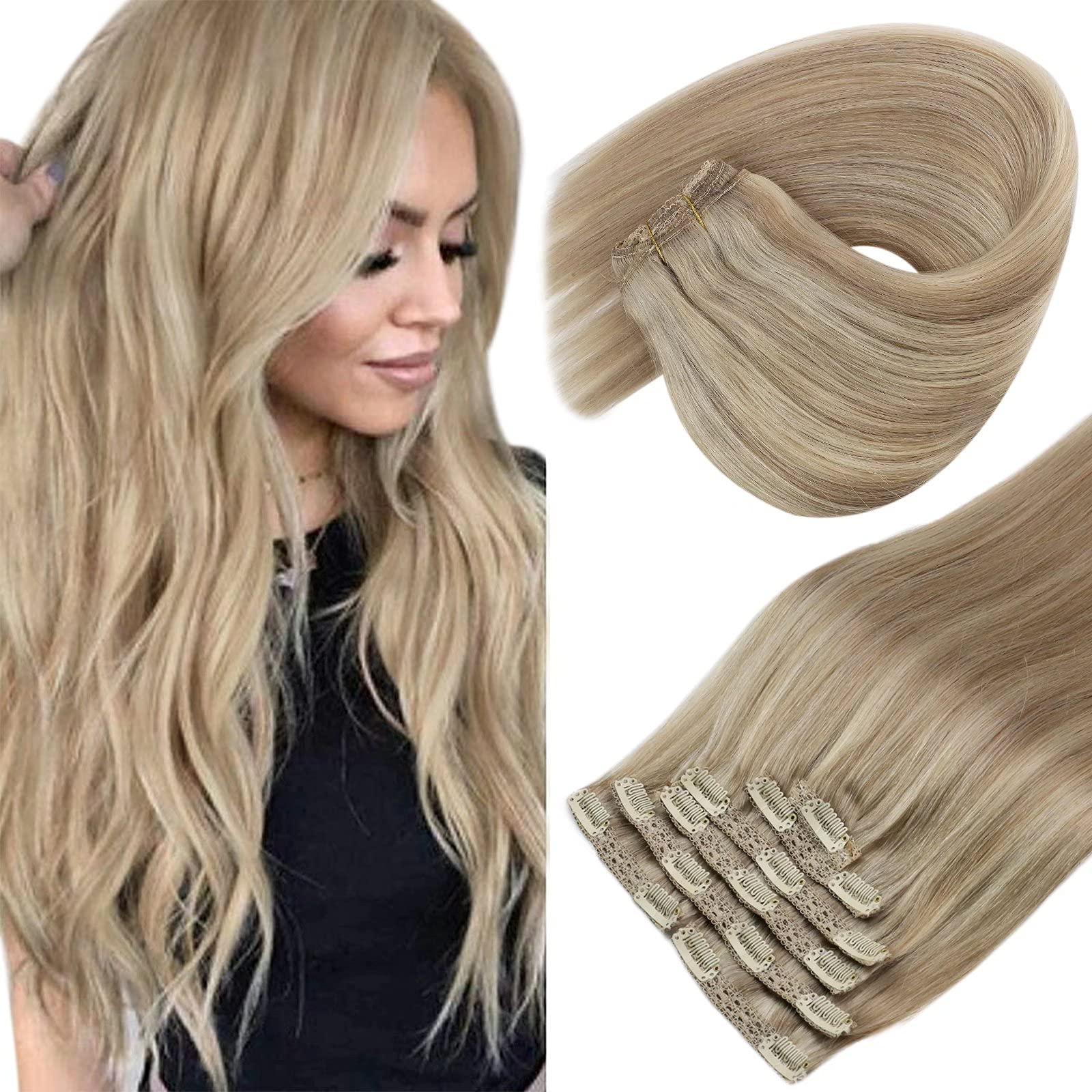 Mua Sunny Clip In Human Hair Extensions Blonde Highlights Real Hair  Extensions Dark Ash Blonde Mixed Golden Blonde Invisible Remy Clip In  Extensions Real Human Hair Double Weft 22Inch 7Pcs 120G trên