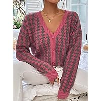 Women's Cardigans Houndstooth Pattern Drop Shoulder Cardigan (Color : Multicolor, Size : Small)