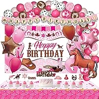 105 PCs Western Cowgirl Birthday Party Decorations, Fiesec Retro Horse Rodeo Party Decorations Backdrop Balloon Garland Banner Horse Star Bandana Cow Print Brown Pink