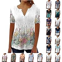 Womens Casual Summer Tunic Shirts Button v Neck Floral Print t-Shirt Empire Waist Fashion Tops Blouses