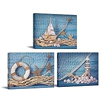 LevvArts 3 Piece Beach Canvas Wall Art Seashell Startfish with Blue Board Picture Prints Maritime Sailing Boat Lighthouse Poster Painting for Bathroom Gallery Canvas Wrapped Ready to Hang