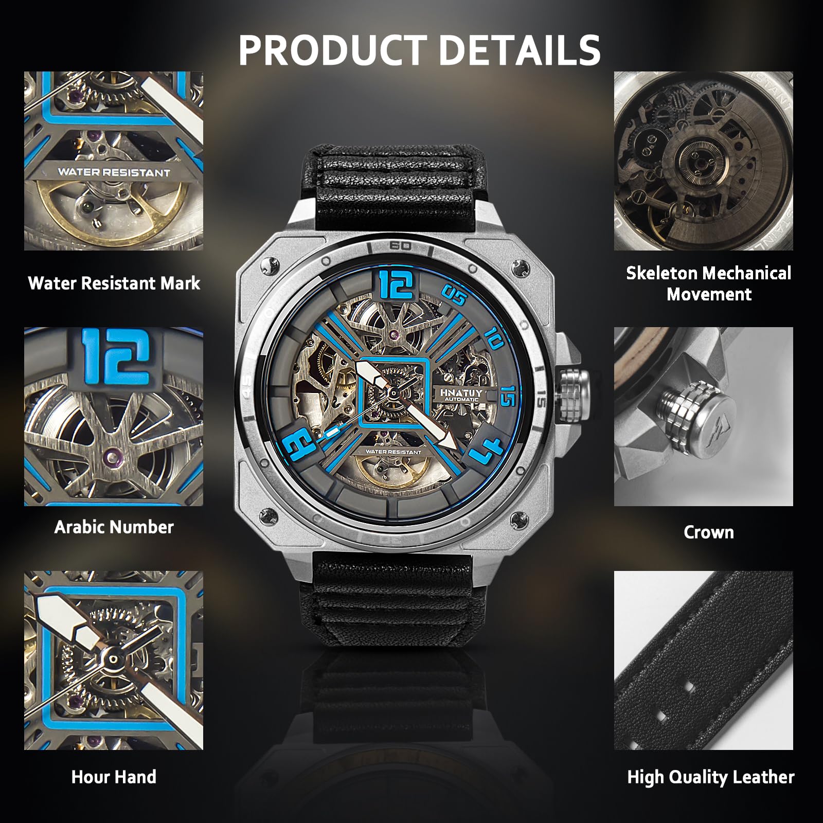 GEFTZRD Automatic Watches for Men,Stainless Steel Case with Leather Band,50M Waterproof Men Mechanical Wrist Watches