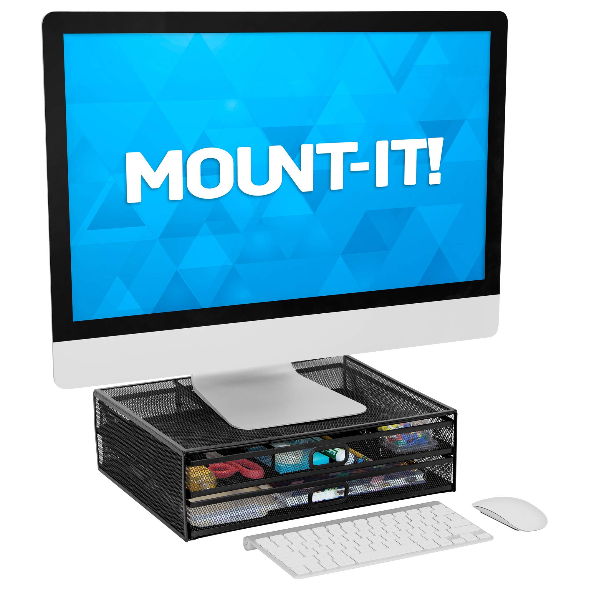MOUNT-IT! Computer Monitor Stand With Drawers, Metal Mesh Riser and Organizer for Laptops and Computer Screens, Desk Organizer with Two Pullout Storage Drawers, Ideal for Desktop, Laptop, and Printer Accessories and Office Supplies (Black)