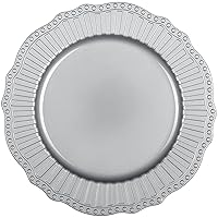 Silver Charger Plates Set - 13” Vintage Plastic Dinnerware Set - Reusable Elegant Serving Plates for Parties, Weddings and Events (12 Set)
