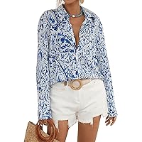 MakeMeChic Women's Casual Graphic Allover Print Long Sleeve Collared Button Down Shirt Blouse Tops