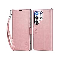 TUCCH Case Wallet for Galaxy S24 Ultra, [Wrist Strap] Magnetic PU Leather Stand [RFID Blocking] Card Slot with [TPU Shockproof Interior Case] Compatible with Galaxy S24 Ultra, Rose Gold with Wristlet