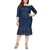 Alex Evenings Women's Plus Size Off The Shoulder Fit and Flare Flounce Hem Cocktail, Mother of The Bride Dress