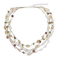 NOVICA Artisan Handmade Cultured Freshwater Pearl Citrine Beaded Necklace Multigem Silver Plated Brass Silk Dyed Peridot Green Multicolor White Yellow Thailand 'Spring Awakening'