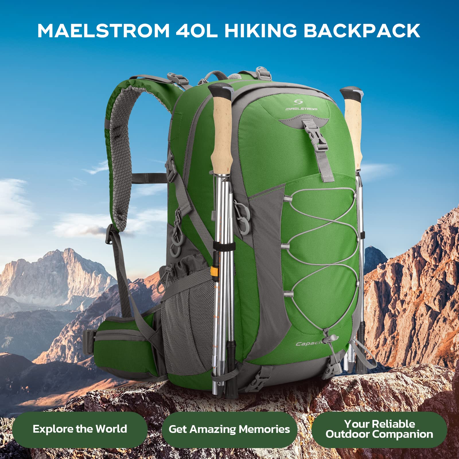 Maelstrom Hiking Backpack,Camping Backpack,40L Waterproof Hiking Daypack with Rain Cover,Lightweight Travel Backpack,Green
