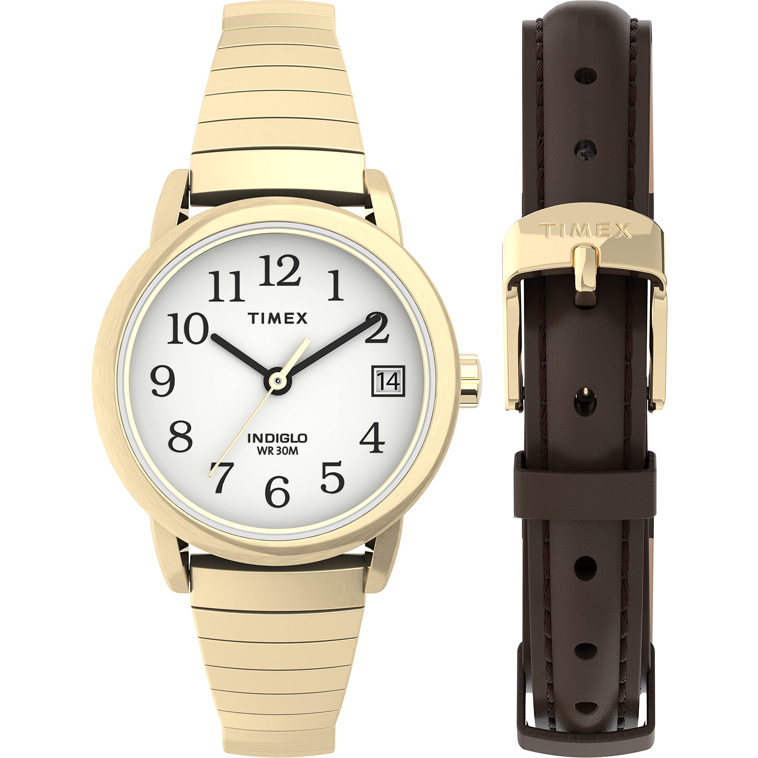 Timex Women's Easy Reader 25mm Watch Box Set – Gold-Tone Case White Dial with Tapered Expansion Band + Brown Leather Strap
