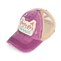 C.C Kids Criss-Cross Elastic Band Distressed Embroidered Always Be a Mermaid Patch Ponytail Baseball Cap (KIDS-BT-1019) (A Crossed Elastic Band-Always Be a Mermaid_Grape)