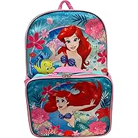 Ruz Group Kid's Licensed 16 Inch Backpack With Removable Lunch Box Set (Little Mermaid Blue-Pink)