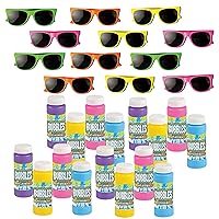 Neliblu Party Favors for Kids - Party Bubbles 12 Pack 2 Oz Bubble Bottles with Wands and Kids Sunglasses 80’s Style Sunglasses for Pool Parties
