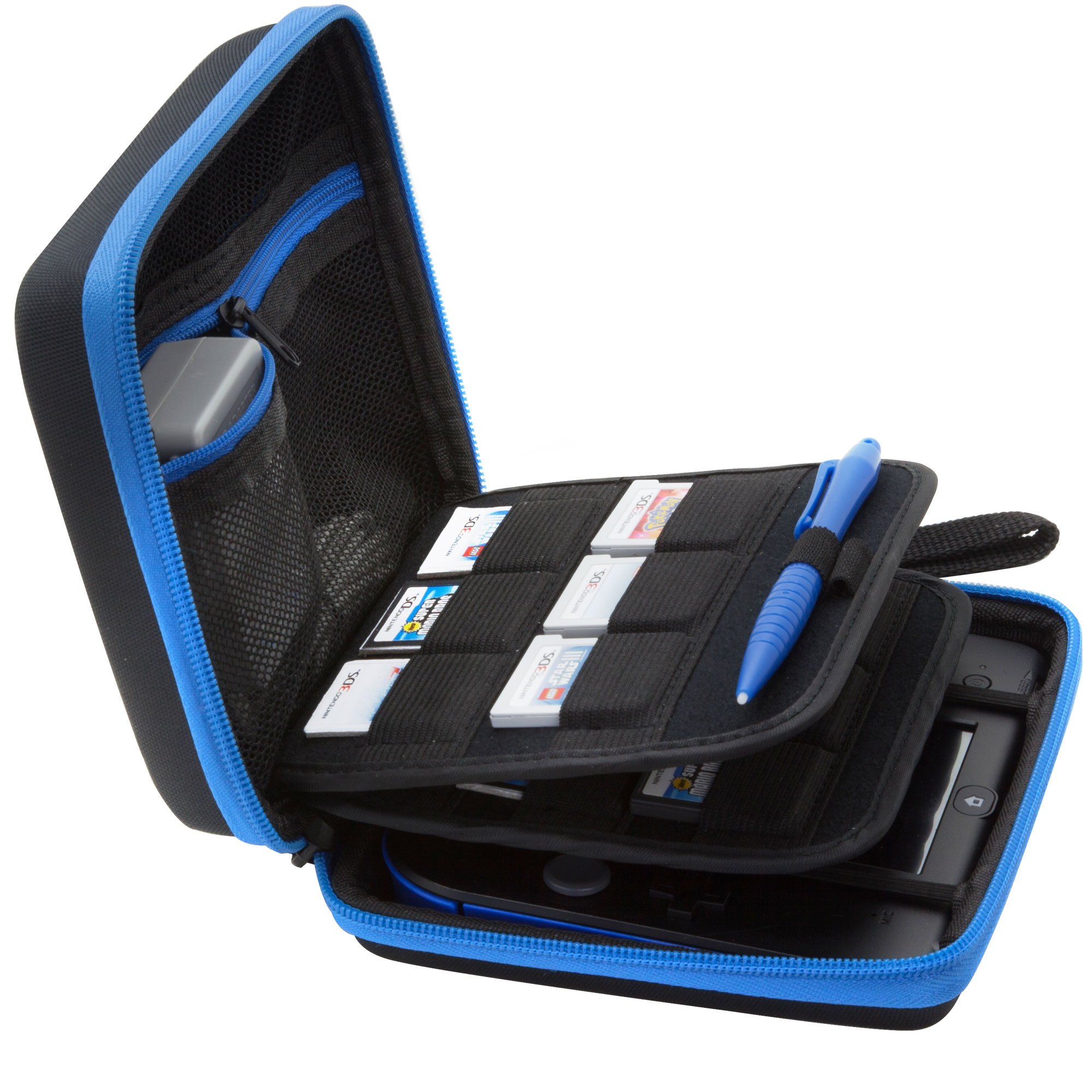 BRENDO Carrying Case for Nintendo 2DS with 24 Game Storage Holders, Fits Charger - Black/Blue