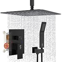 SR SUN RISE 16 Inches Matte Black Shower Set System Bathroom Luxury Rain Mixer Shower Combo Set Ceiling Mounted Rainfall Shower Head Faucet (Contain Shower Faucet Rough-In Valve Body and Trim)