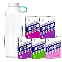 Propel 20oz Reusable Bottle, BPA Free, Impact Resistant, On-The-Go Strap, Dishwasher Safe, White + Propel Powder Packets Four-Flavor Variety Pack With Electrolytes, Vitamins and No Sugar (50 count)