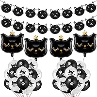 Cat Party Decorations 36 Pieces Cat Birthday Banner Glitter Black Meow Banner Black Print Latex Balloons 12 Inch Paw Party Balloons Crown Cat Foil Balloon for Kitty Cat Meow Birthday Party Decorations