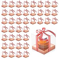 50 Pcs Clear Cupcake Boxes Individual 3.5 Inch Plastic Cupcake Containers Single Cupcake Boxes with Inserts and Ribbon Individual Cupcake Holders Cupcake Storage for Cake(Rose Gold)