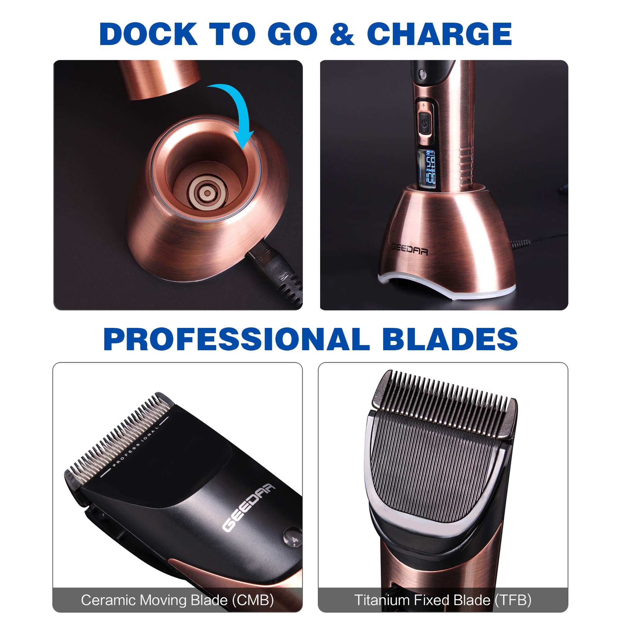 GEEDAR Professional Cordless Hair Clippers for Men (Up to 7 Hour Run Time) Titanium Ceramic Blade LED Display Charger Stand Gifts for Men