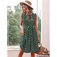 Women's Dress Polka Dot Ruffle Trim Pleated Hem Belted Dress Dress for Women (Color : Green, Size : Large)