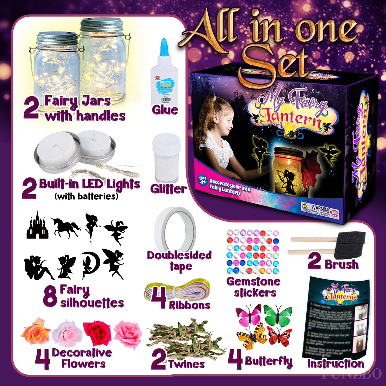 FUNZBO Fairy Lantern Craft Kits - Fairy Lights Battery Operated Crafts for Kids Ages 4-8, Arts and Crafts Supplies, Fairy Toys with 2 Fairy Light Jar, 3, 4, 5, 6, 7, 8, 9 Year Old Girl Birthday Gifts