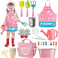 GINMIC Kids Gardening Tools with STEM Learning Guide, Apron, Watering Can, Gloves, Shovel, Rake, & Painting Accessories Beach Sand Toy For Garden, Easter Gifts for Girls