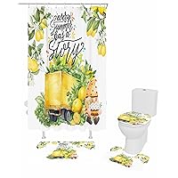 Summer Lemon Bathroom Set with Shower Curtain and Rug and Accessories,66x72 Inches Long Bathtub Curtain with Small Bath Mat,Bathtub Runner Rug Set,12 Hooks Spring Summer Fruit Gnomes Yellow White