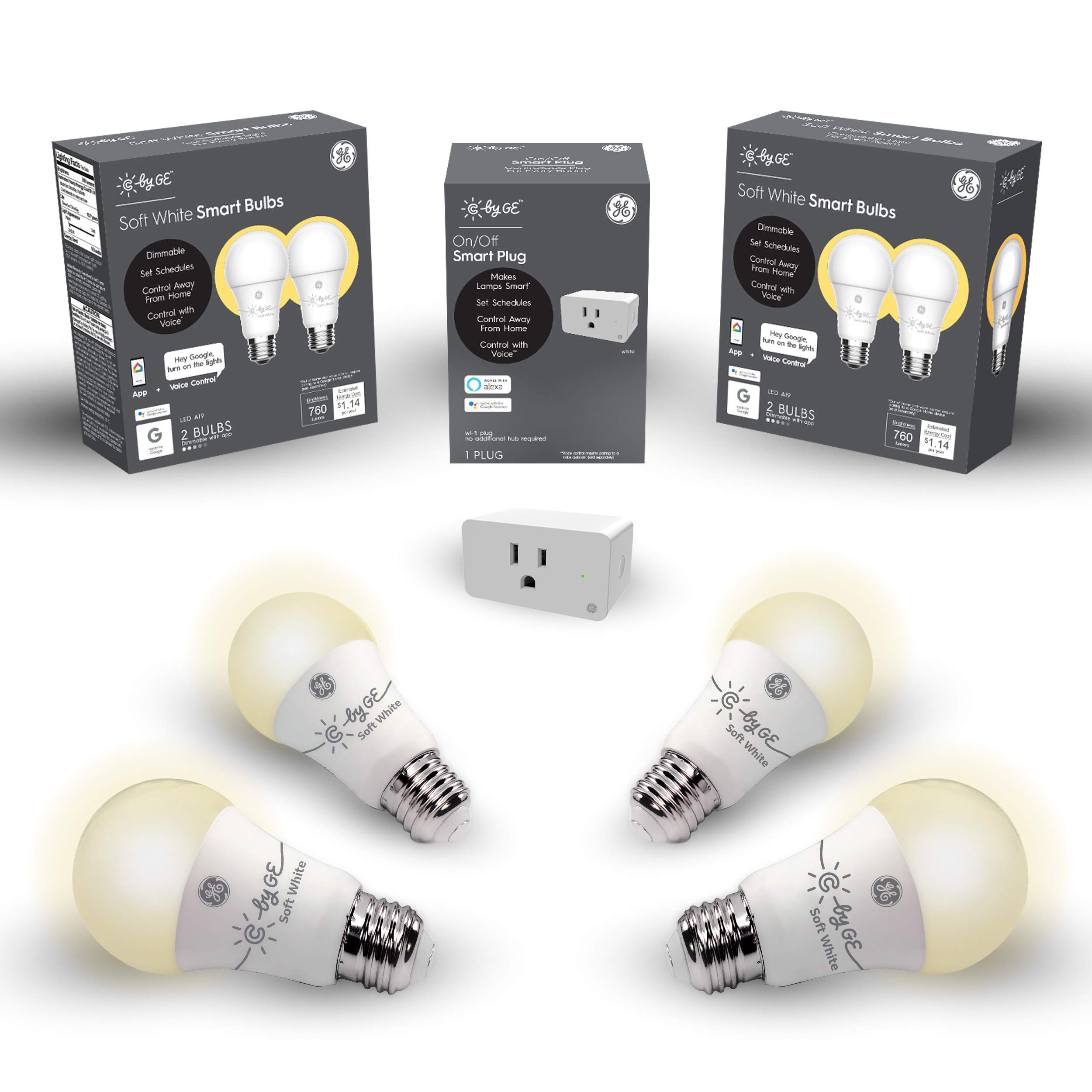 C by GE Smart Bundle Pack with 4 Smart Bulb and Smart Plug (4 LED A19 Soft White Bulbs + On/Off Smart Plug), Works with Alexa and Google Assistant,...
